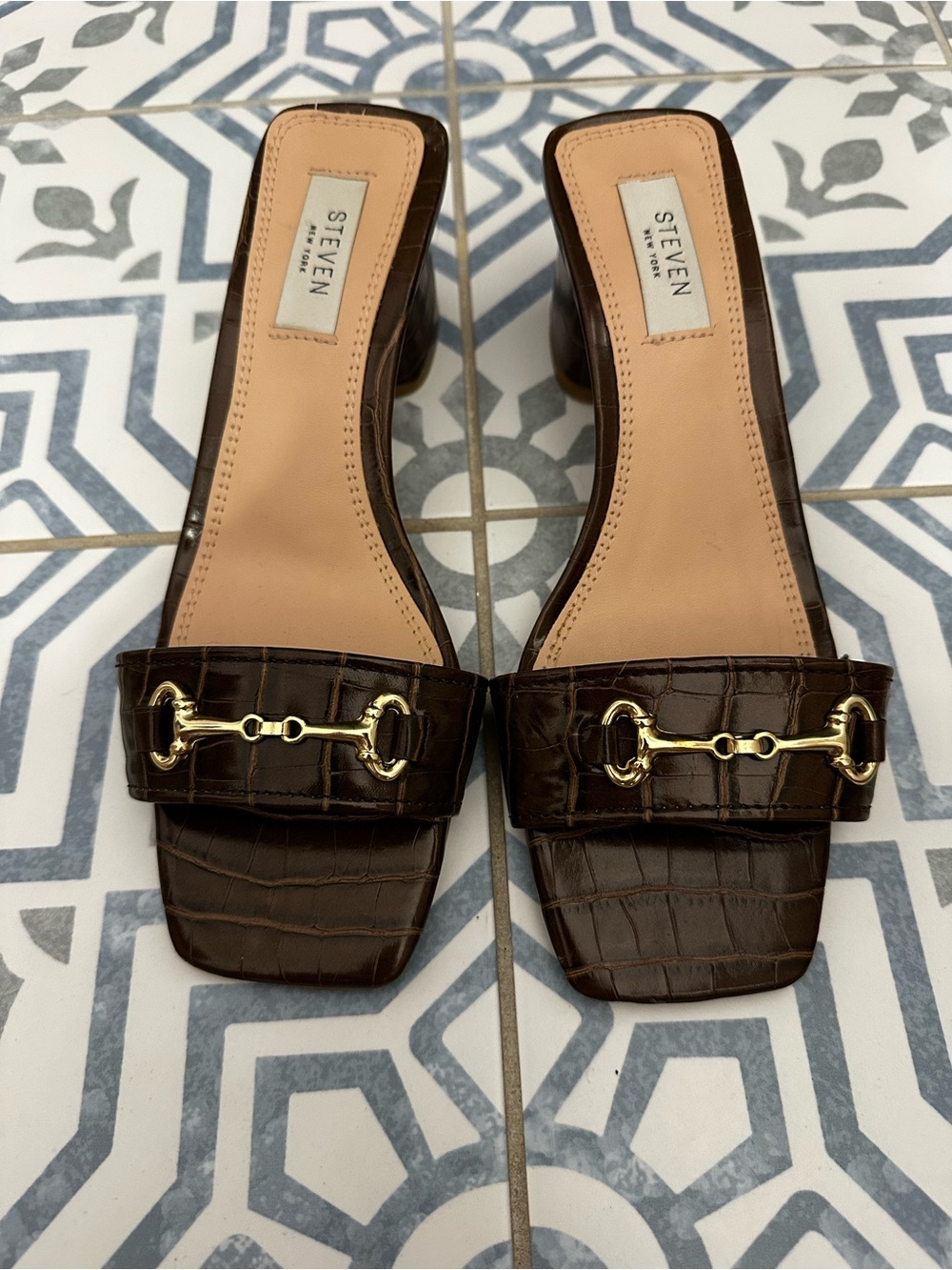 Steven By Steve Madden Brown Croc-Embossed Slide Heels with Gold Horsebit